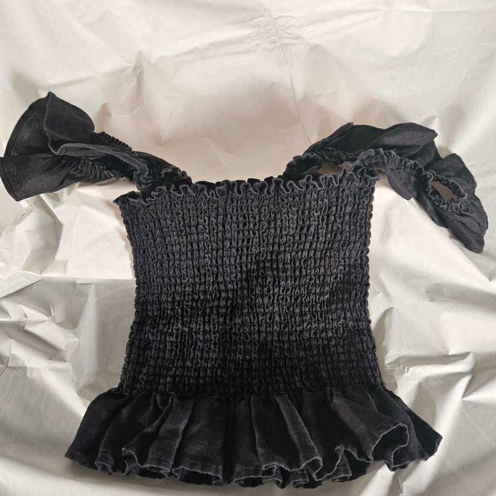 Reformation Black Smocked Ruffled Crop Top